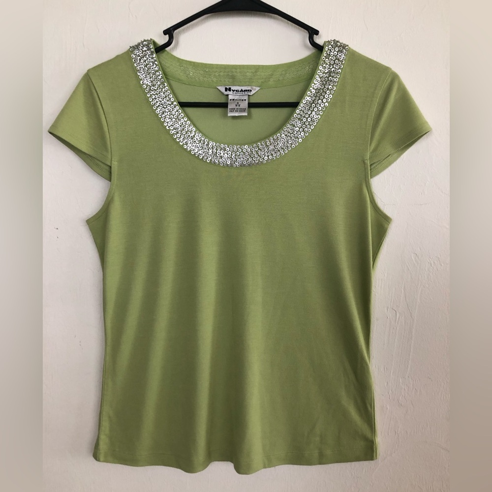 NYGARD COLLECTION Womens T-Shirt Silver Sequined Neckline Size Petite Small